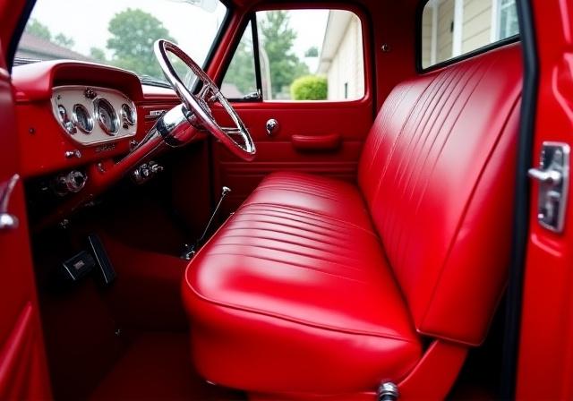 Custom red leather interior of a meticulously restored classic pickup truck.