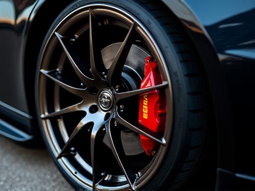 Close-up of a custom alloy wheel with painted brake caliper.