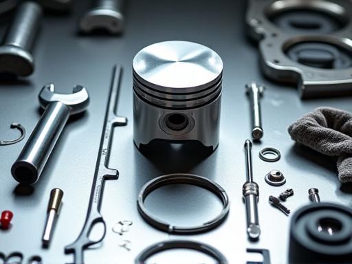 Engine piston and tools on a workbench during repair.