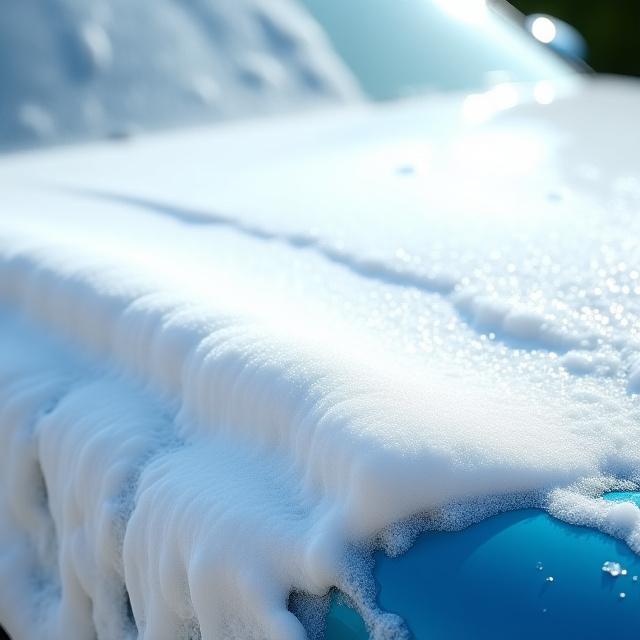 Biodegradable foam covering the hood of a car being washed ethically.