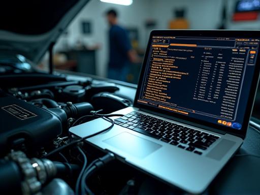 Laptop connected to a car engine for ECU tuning.